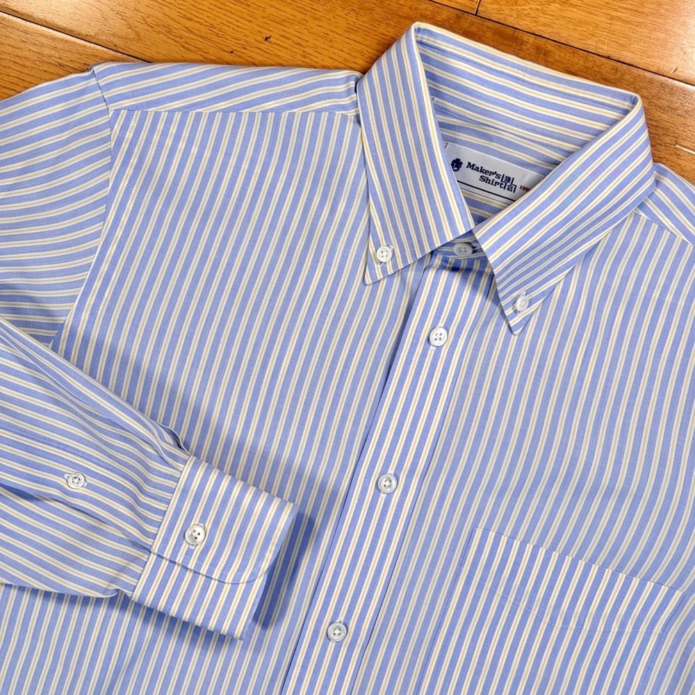 Maker's Shirt Kamakura Mens Blue Yellow Striped Button Down Dress Shirt 40-82